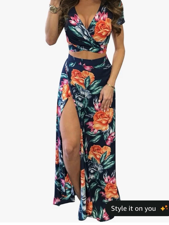 idk Dresses & Skirts - Navy Floral Two Piece Maxi Dress with High Side Slit and Tie Crop Top